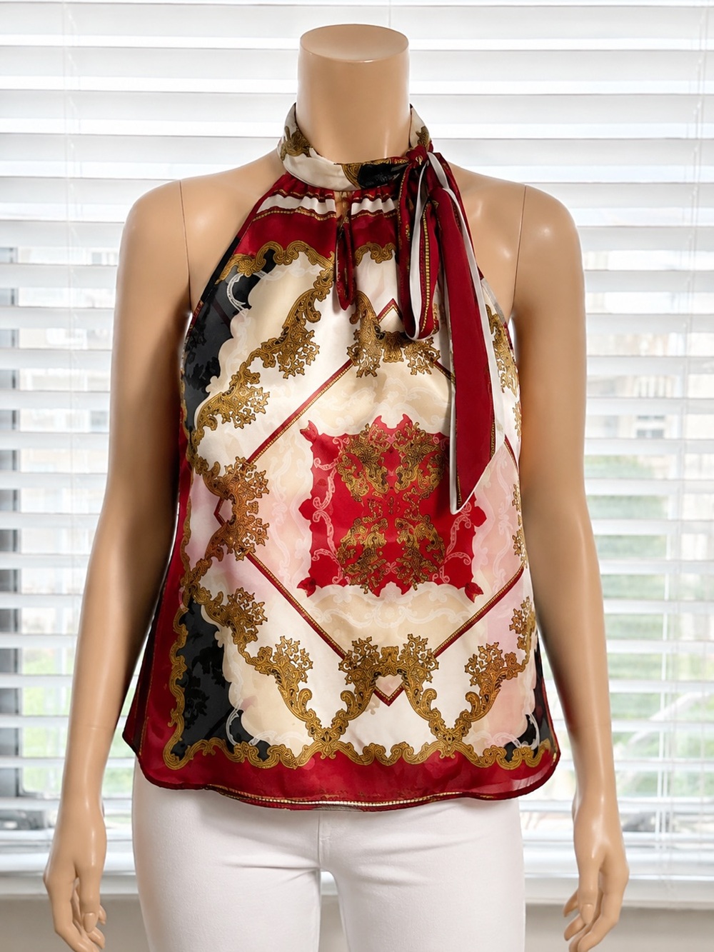 New York & Company Red, White, Gold Paisley Halter Dress